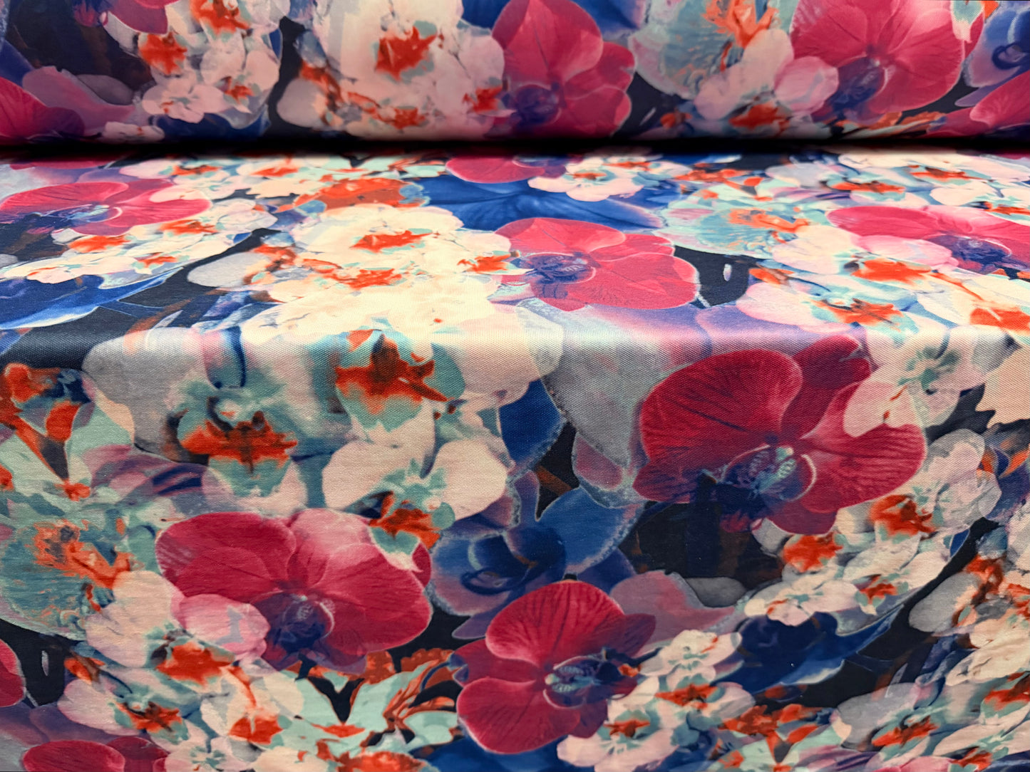 Toledo double jersey fabric, per metre - blossom print - fuchsia pink & blue