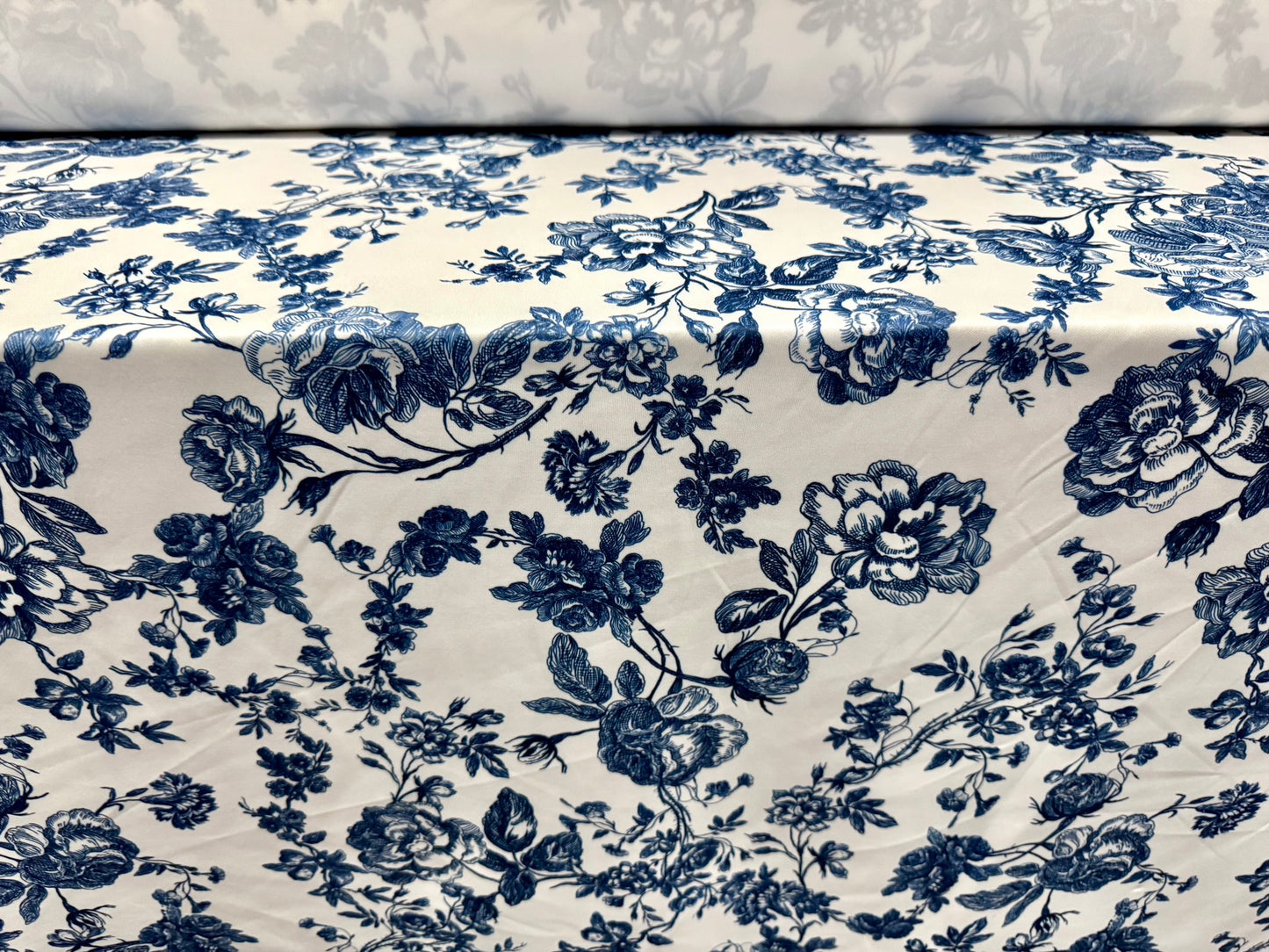 Scuba stretch spandex double jersey dress fabric, per metre - Toile De Jouy print - blue & white
