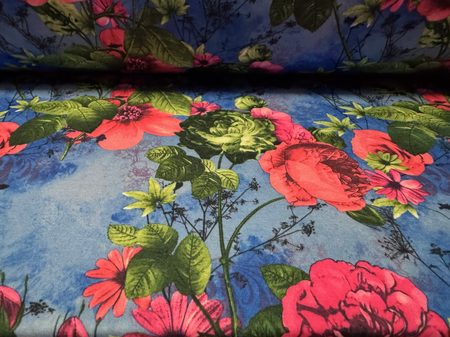 Stretch spandex interlock jersey fabric, per metre - rose floral print - blue & pink