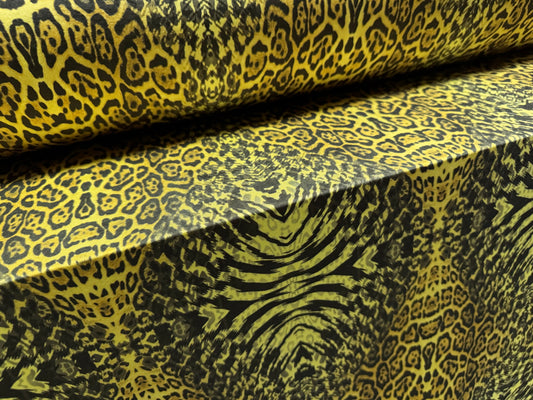 Soft touch stretch spandex single jersey fabric, per metre - stylised leopard print - lemon & gold