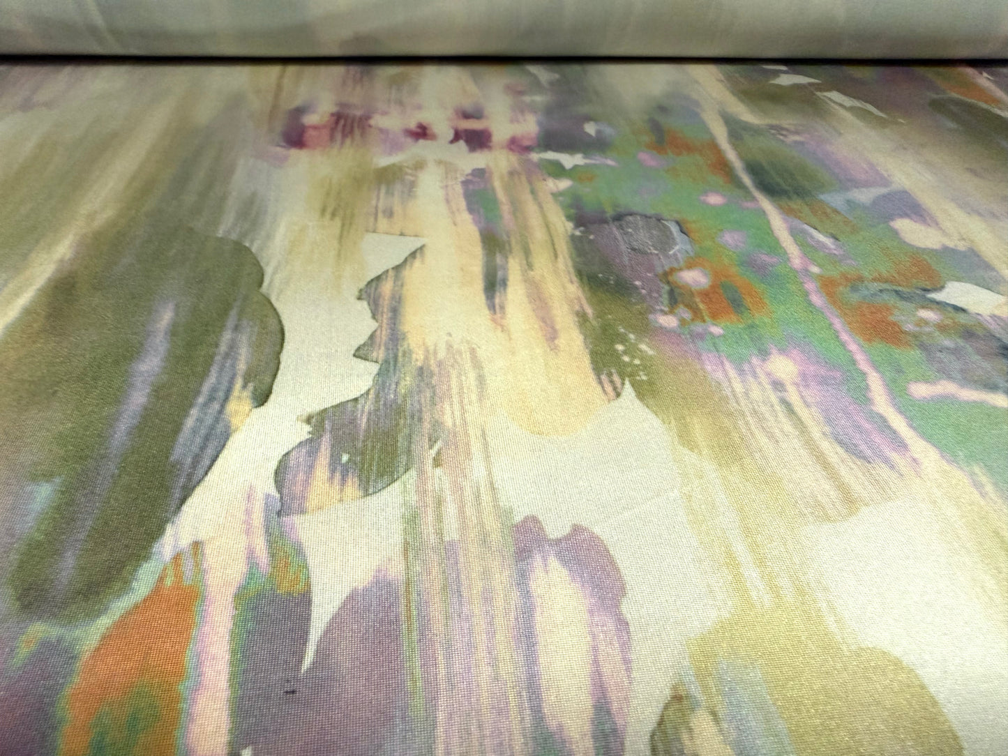 Soft touch stretch spandex single jersey fabric, per metre - stylised poppies print - khaki cream & lilac