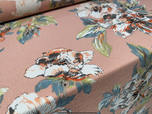 Scuba textured ‘Liverpool’ stretch spandex jersey fabric, per metre - flower print - salmon pink