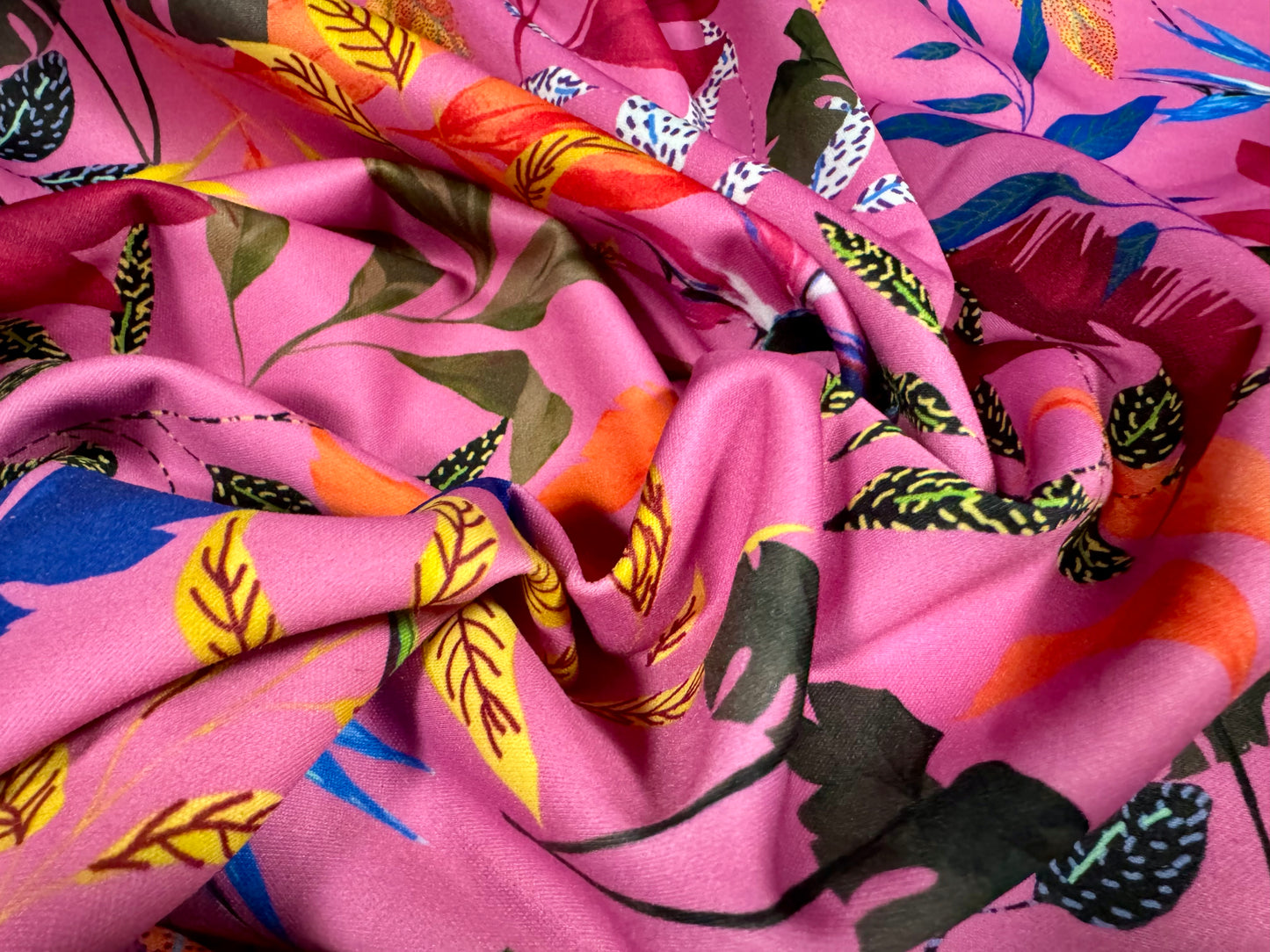 Scuba stretch spandex double jersey dress fabric, per metre - tropical leaves print - hot pink