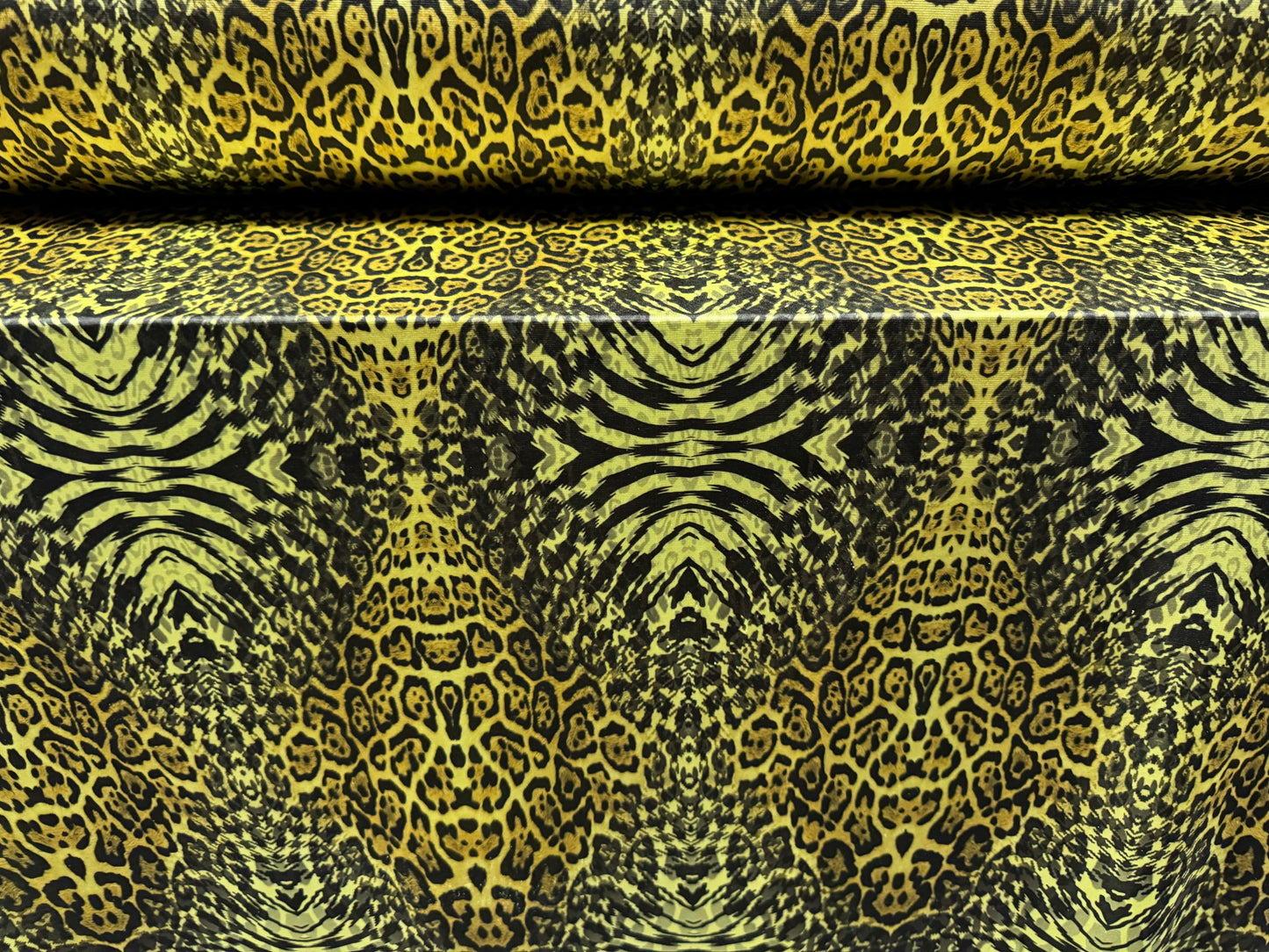 Soft touch stretch spandex single jersey fabric, per metre - stylised leopard print - lemon & gold