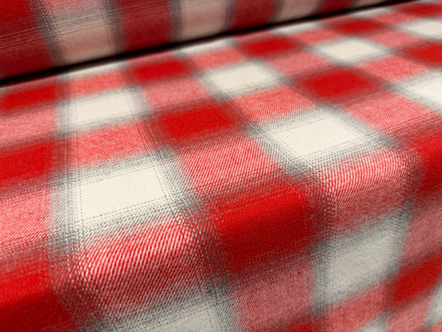 Wool flannel fabric, per metre - tartan check - red grey & white
