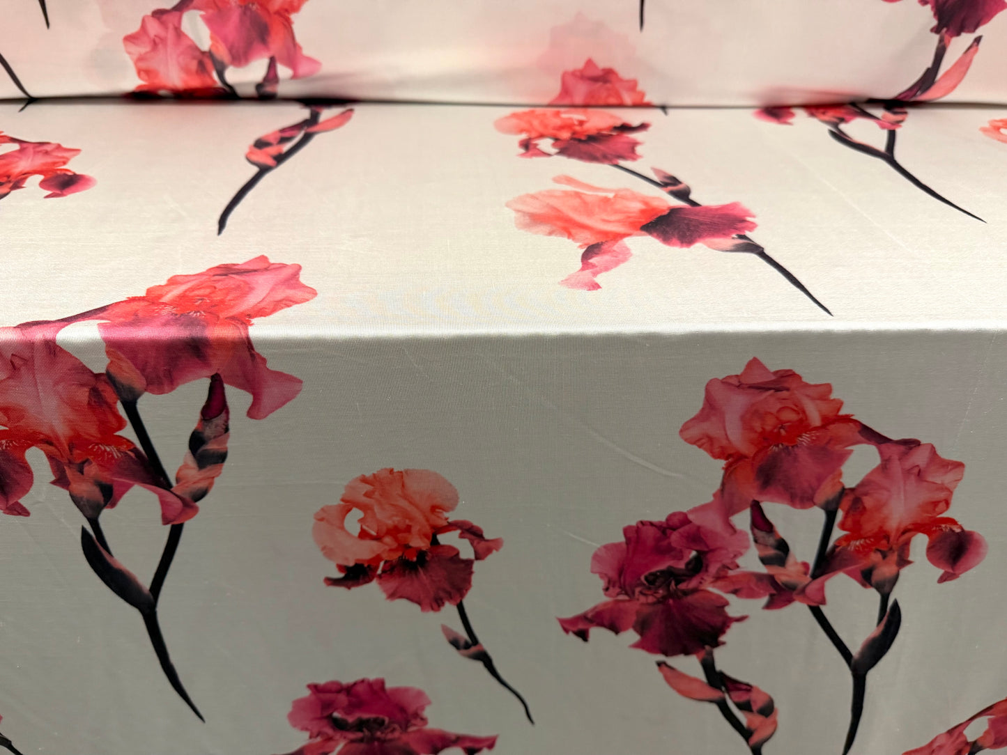 Stretch spandex single jersey fabric, per metre - iris flower print - cream & pink