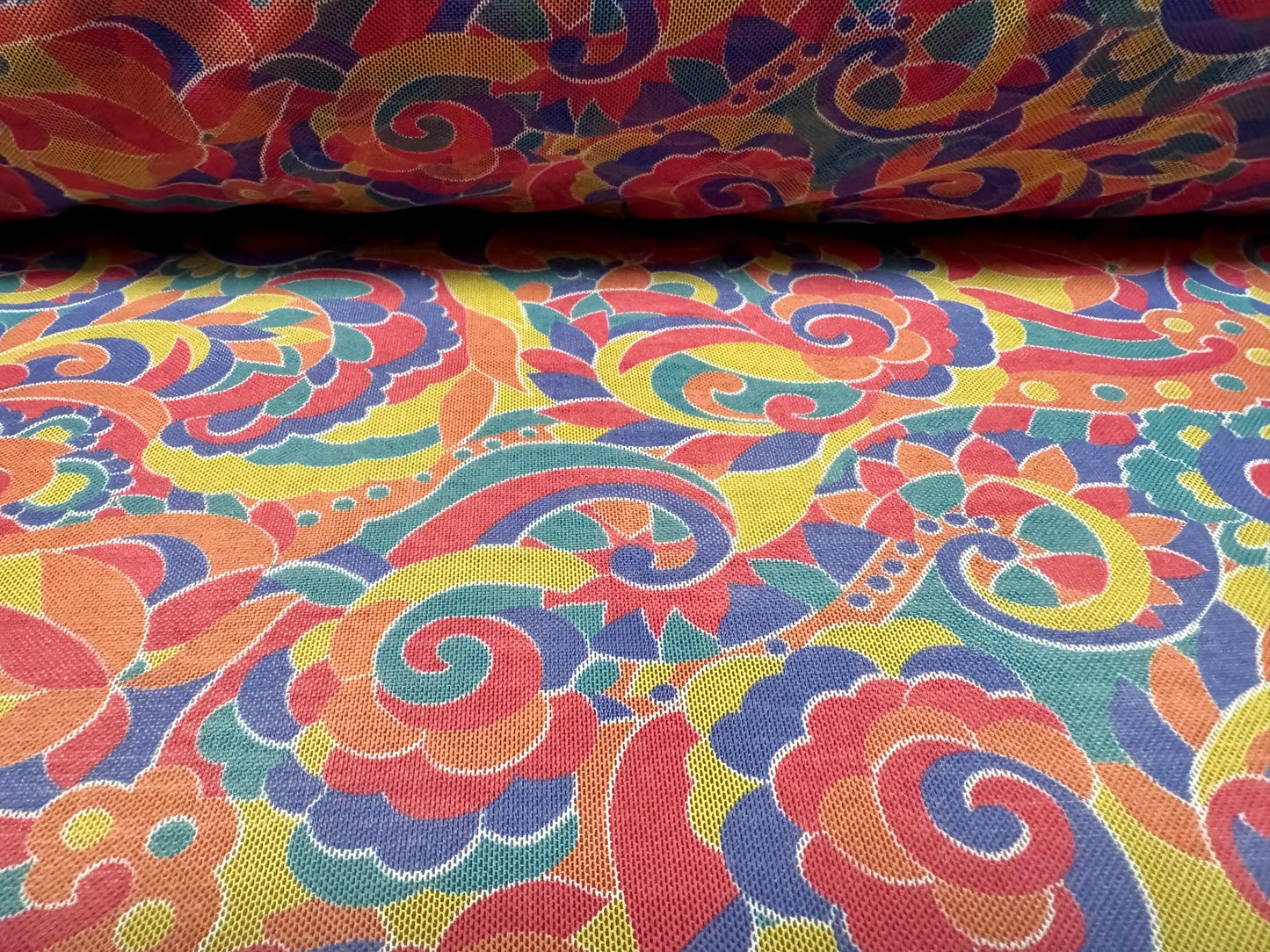 Power mesh net stretch spandex fabric, per metre - rainbow paisley print - multicolour