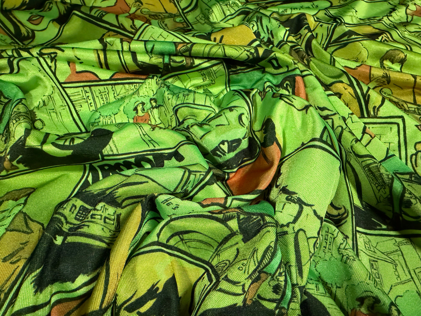 Stretch spandex single jersey fashion fabric, per metre - comic strip cartoon print - bright green