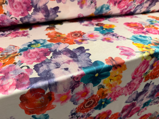 Stretch spandex single jersey fabric, per metre - garden blooms print - multicolour