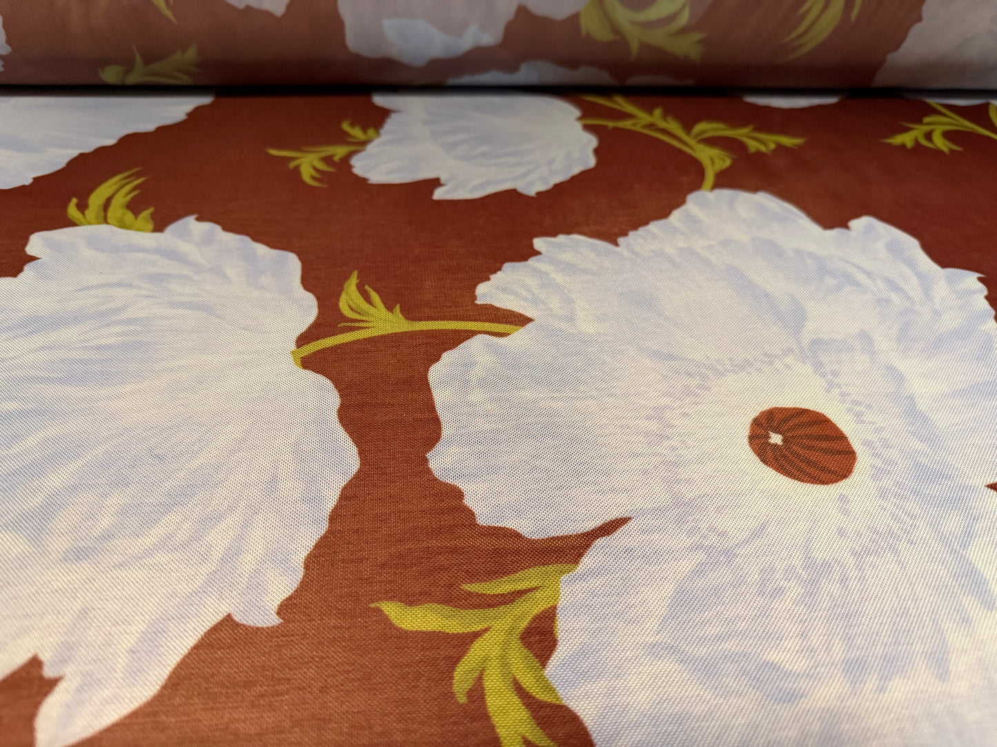 Power mesh net stretch spandex fabric, per metre - flower print - brown & sky blue