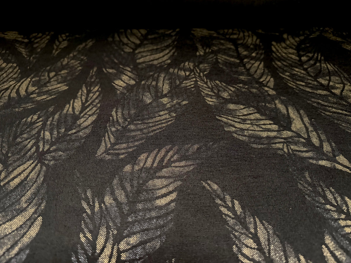 Metallic viscose spandex stretch jersey fabric, per metre - leaf print - black & old gold