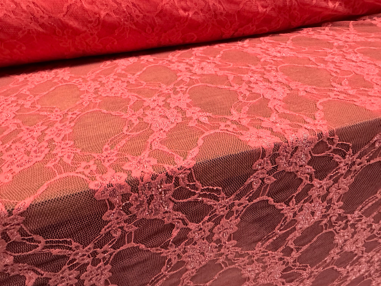 Stretch spandex mesh lace net fabric, per metre - floral pattern - flamingo pink