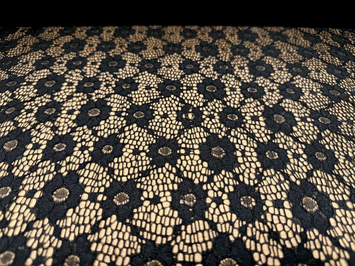 Corded stretch lace dress fabric, per metre - floral daisy - black