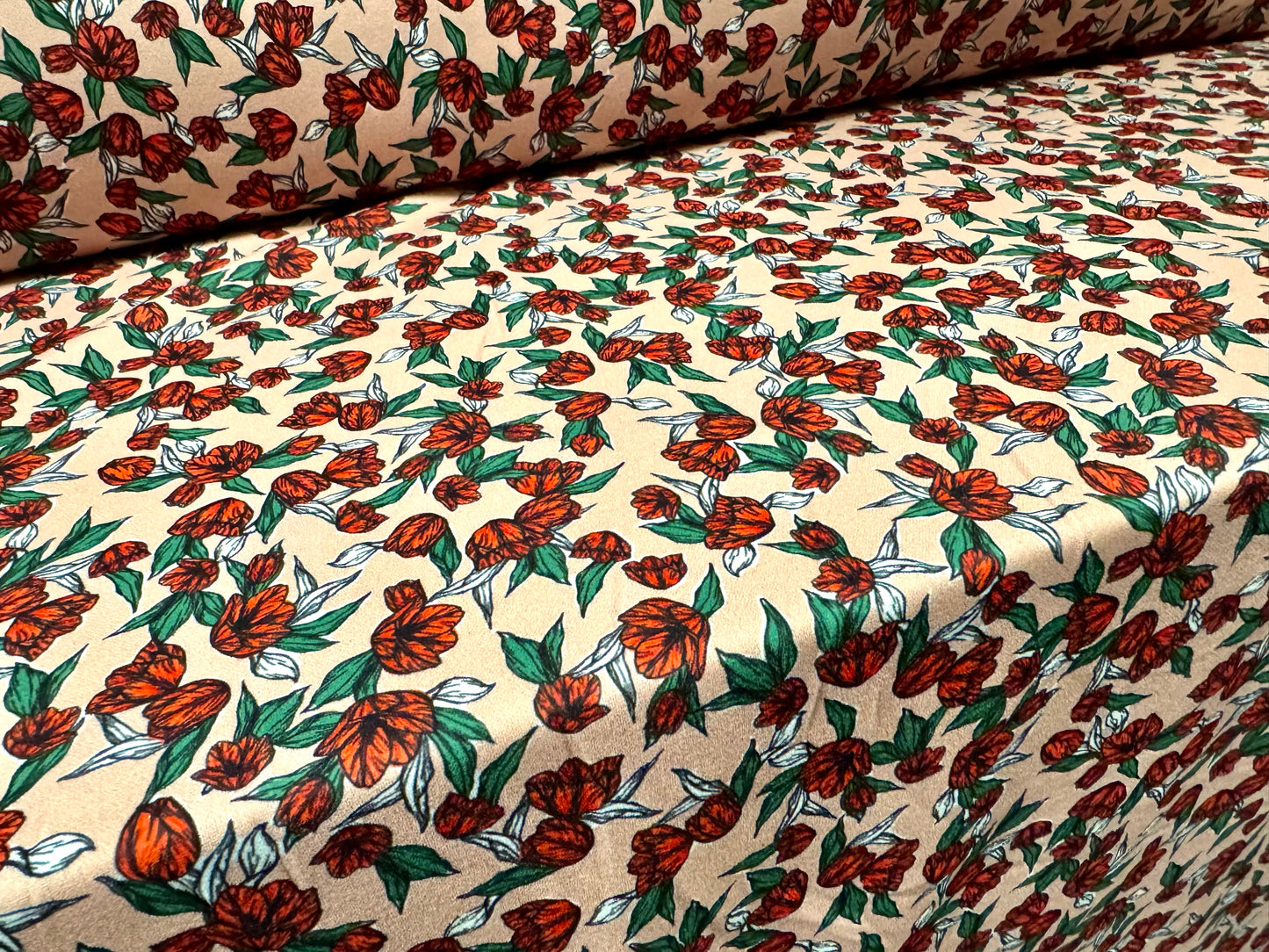 Scuba crepe stretch spandex double jersey fabric, per metre - ditsy tulip print - nude & Red