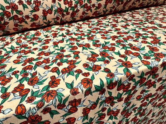 Scuba crepe stretch spandex double jersey fabric, per metre - ditsy tulip print - nude & Red