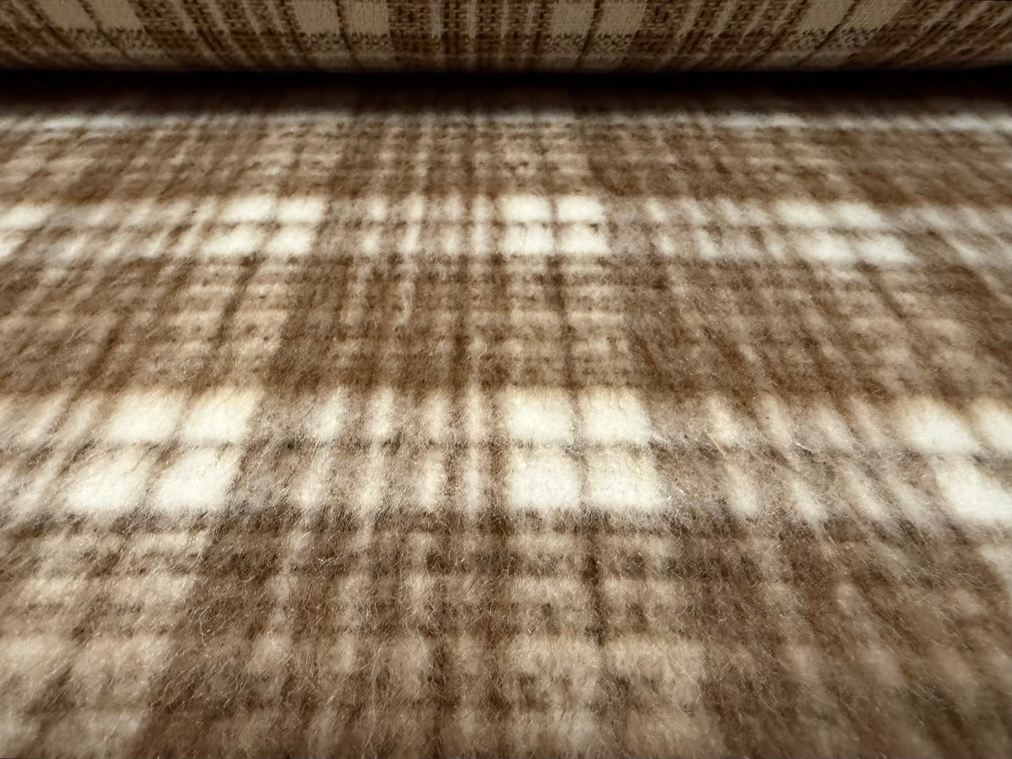 Wool faux fur fabric, per metre - check - light brown & cream