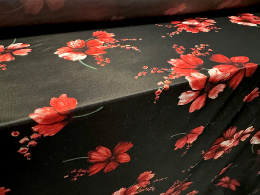 Power mesh net stretch spandex fabric, per metre - flower print - black & red