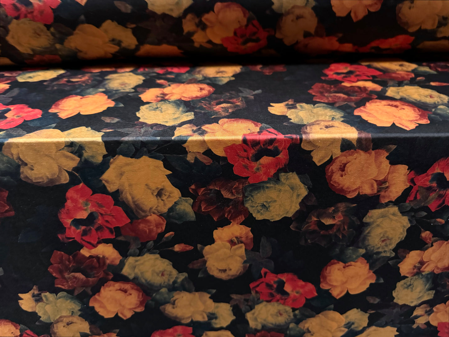 Soft touch stretch spandex single jersey fabric, per metre - roses print - black amber & red