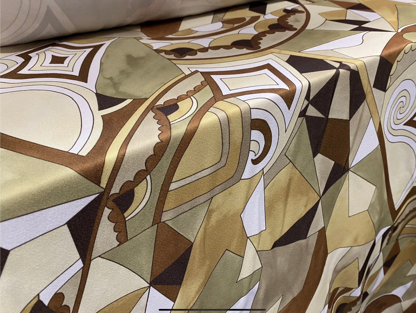 Crepe backed sateen woven dress fabric, per metre - distressed swirl print - sage gold & brown