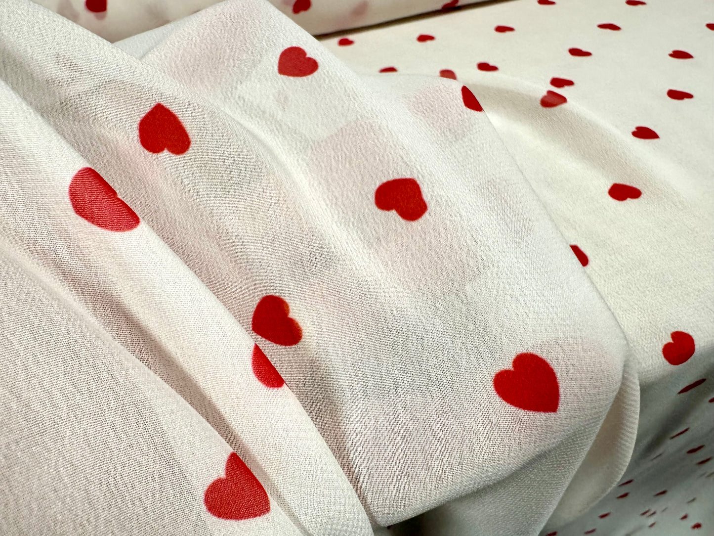 Georgette woven dress blouse fabric, per metre - love heart print - ivory & red
