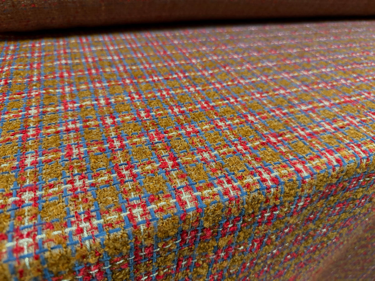 Metallic wool bouclé fabric, per metre - check - brown fuchsia & blue with silver lurex