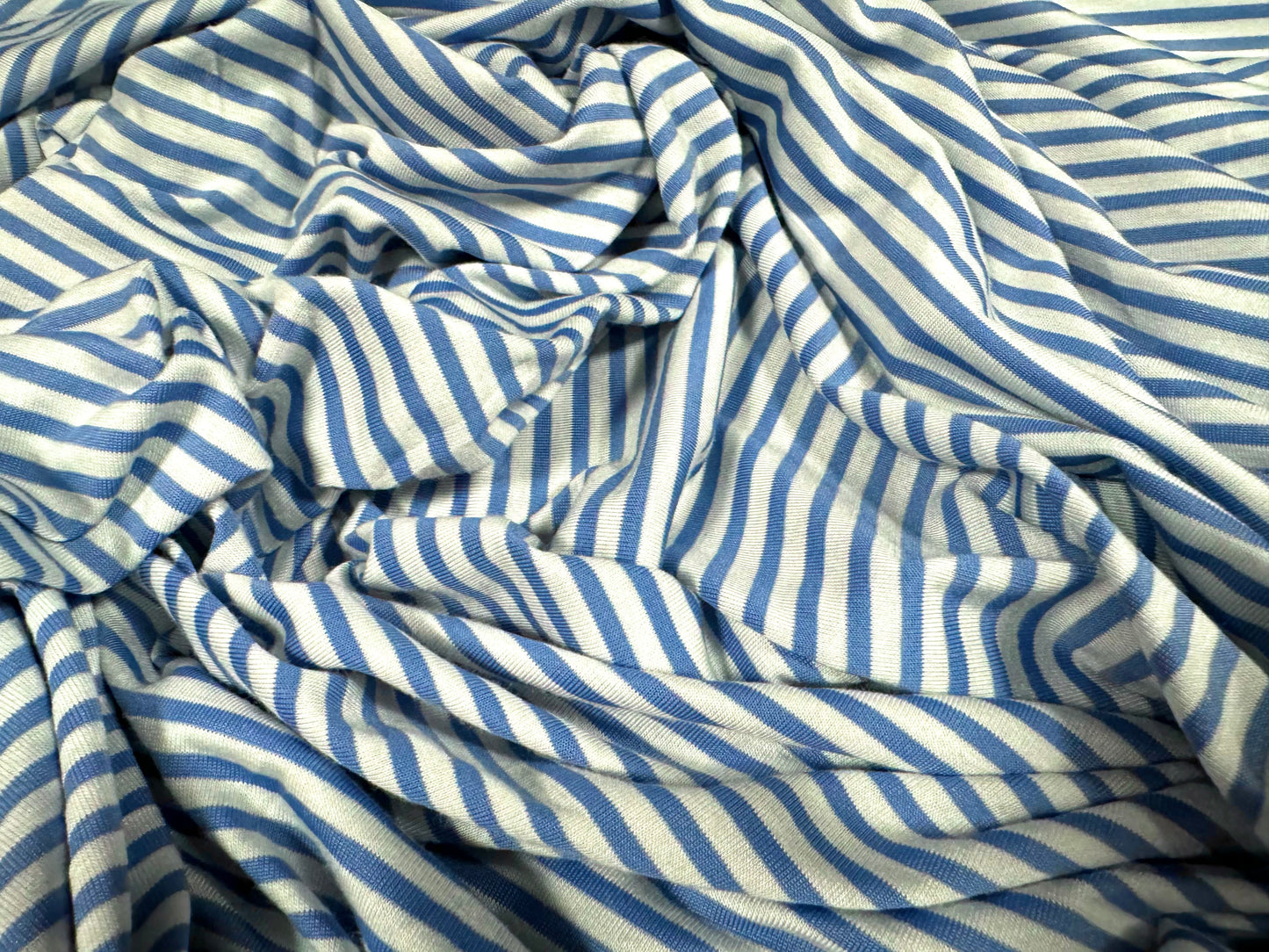 Viscose spandex stretch single jersey fabric, per metre - stripe - mid blue & white