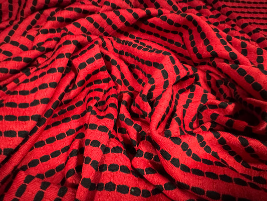 Jersey knit stretch spandex fabric, per metre - hexagon stripe jacquard - red & black