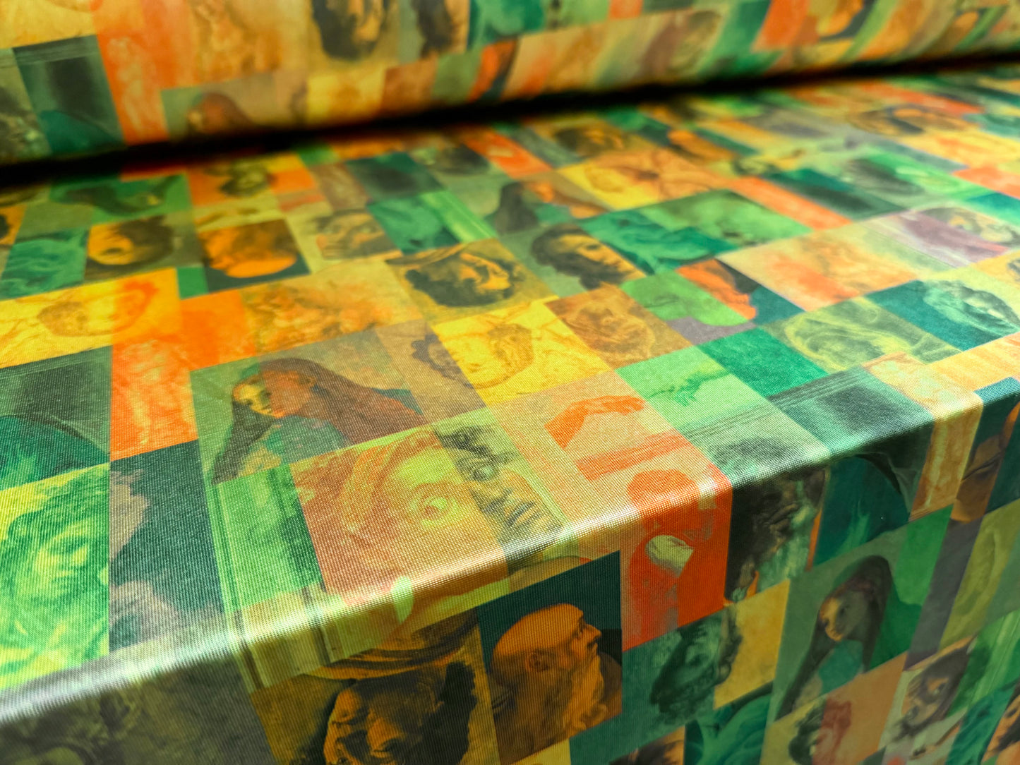 Stretch spandex jersey fabric, per metre - Renaissance Portraits print - green & gold