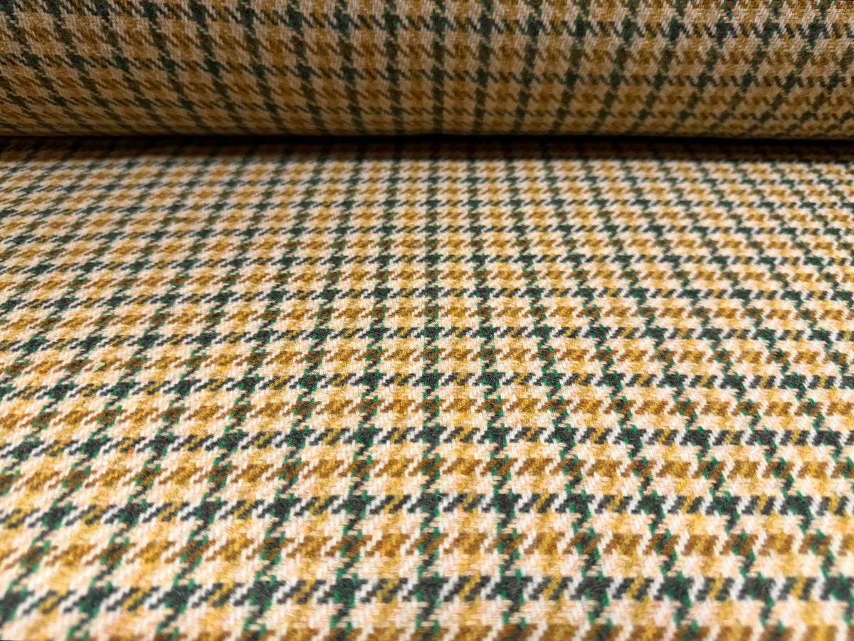 Wool flannel fabric, per metre - houndstooth check - beige brown & emerald