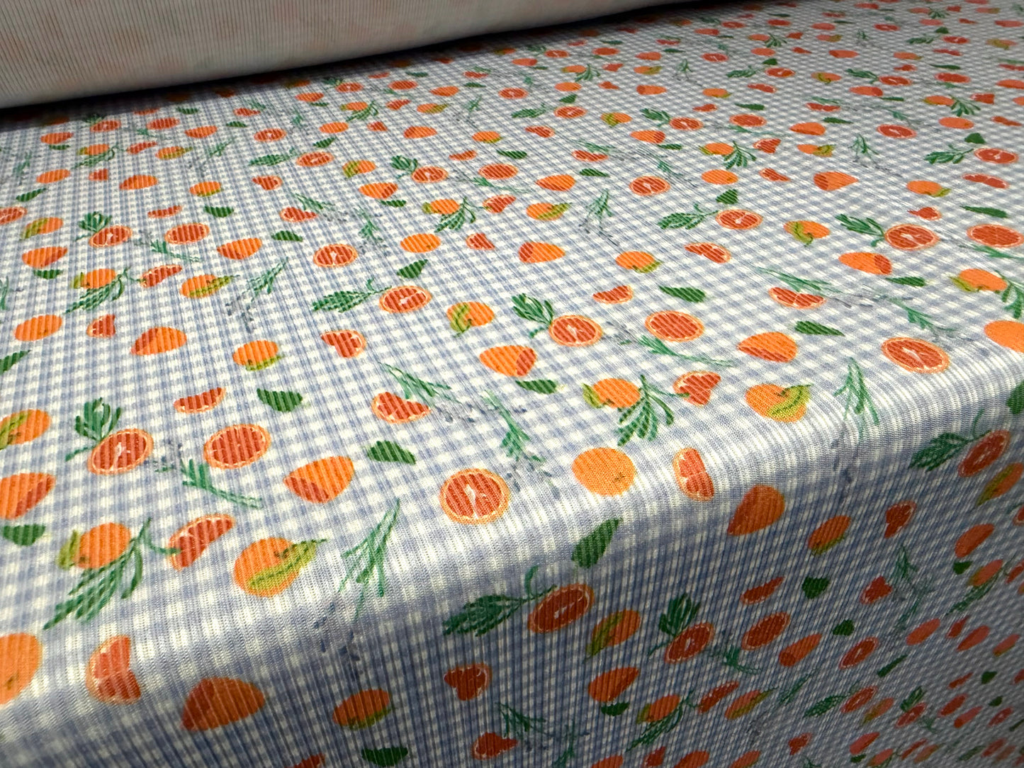 Ribbed jersey fashion fabric, per metre - oranges on gingham print - sky blue