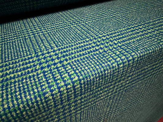Wool tweed fabric, per metre - dogtooth check - blue & green