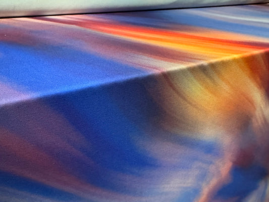 ITY stretch spandex single jersey fabric, per metre - high cloud sunset print - blue & orange