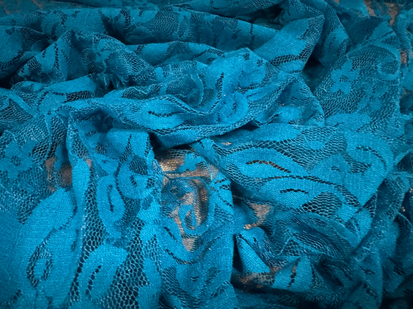 Stretch spandex mesh lace net fabric, per metre - floral pattern - deep turquoise blue