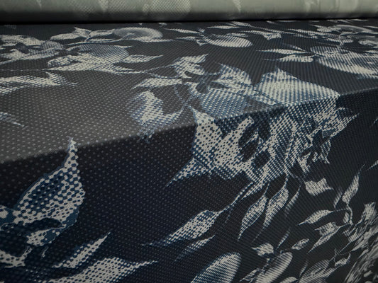 Power mesh net stretch spandex fabric, per metre - blueberry fruit print