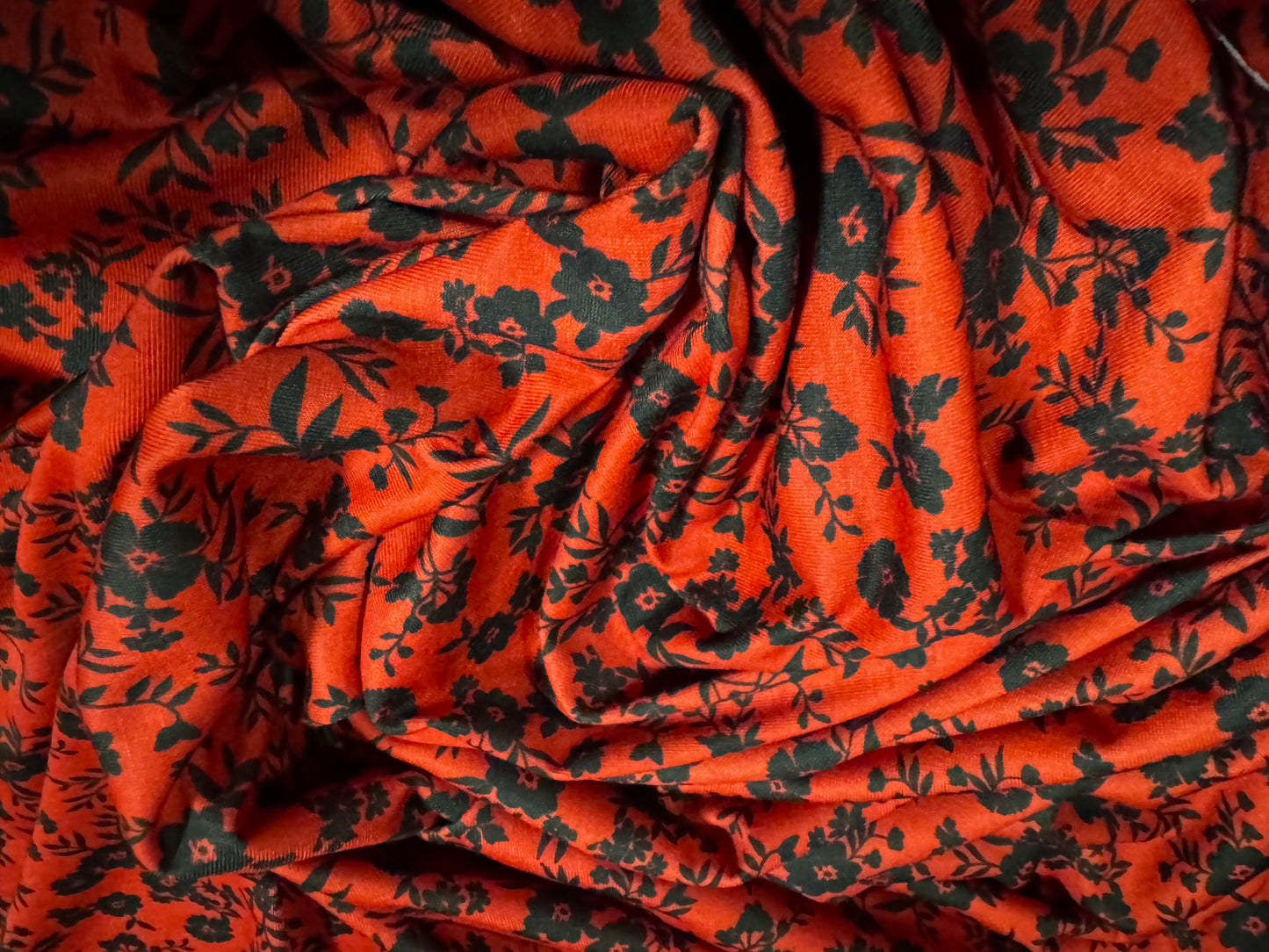 Soft handle stretch single jersey fabric, per metre - ditsy flower print - red & black