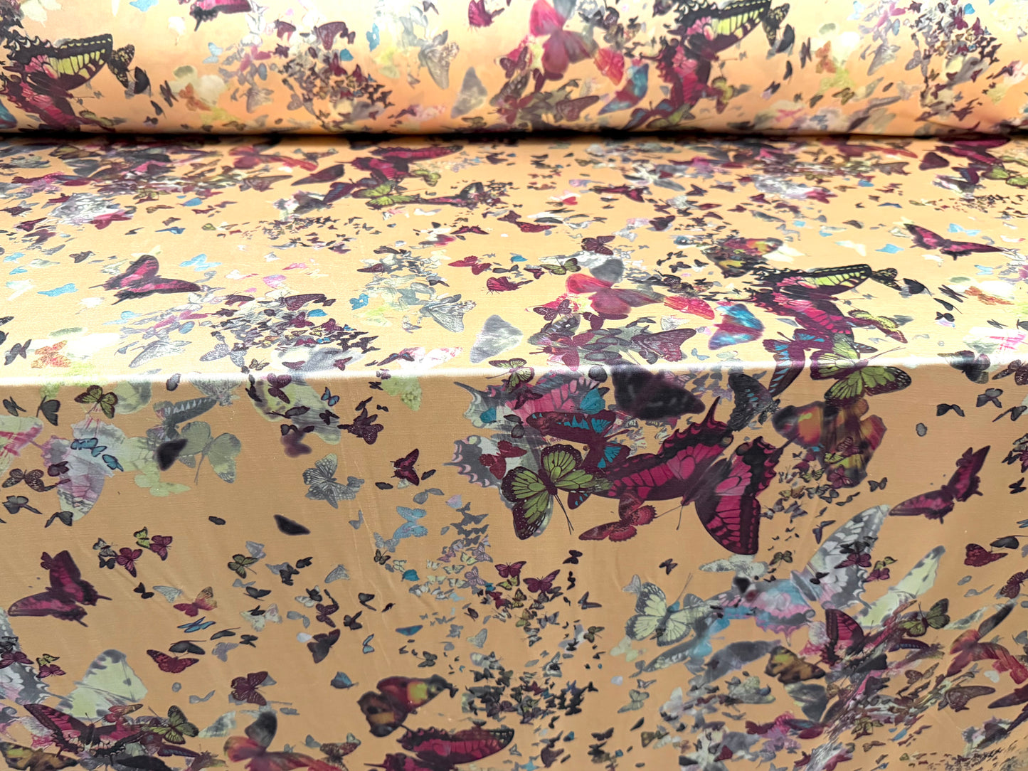 Stretch spandex single jersey fashion fabric, per metre - butterfly print - peach & purple
