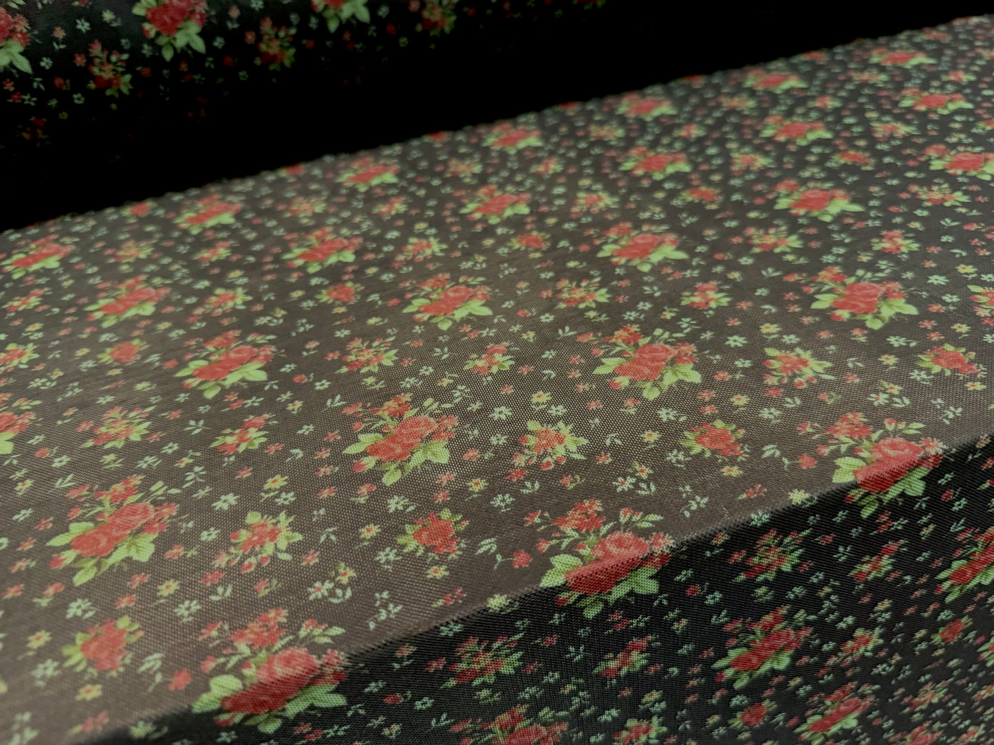 Power mesh net stretch spandex fabric, per metre - ditsy floral print - black green & red