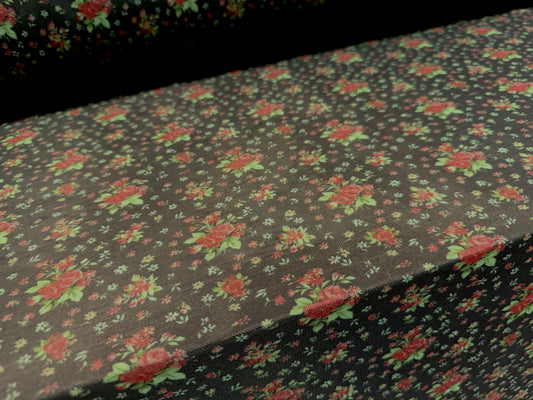 Power mesh net stretch spandex fabric, per metre - ditsy floral print - black green & red