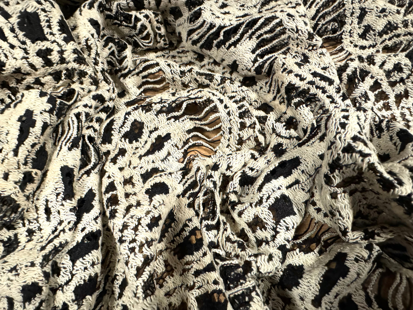 Lace dress fabric, per metre - scalloped frill - black & cream