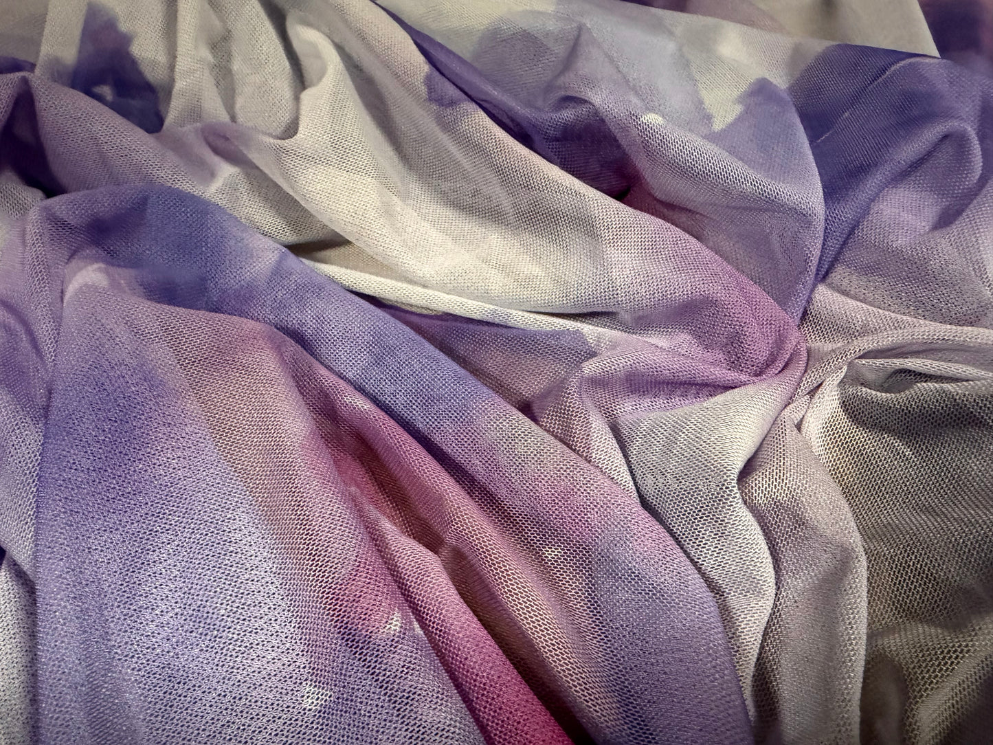 Power mesh net stretch spandex fabric, per metre - floral print - lilac & lavender