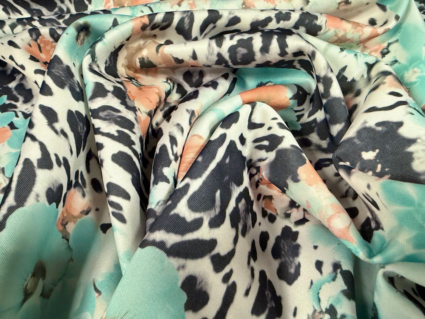 Scuba stretch spandex double jersey fabric, per metre - African Queen print - aqua & peach