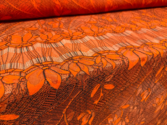 Embroidered couture mesh lace fabric, 1.6 metre panel - scalloped - orange