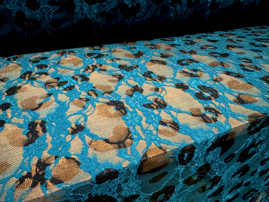 Stretch spandex mesh lace fabric, per metre - cheetah animal print - kingfisher