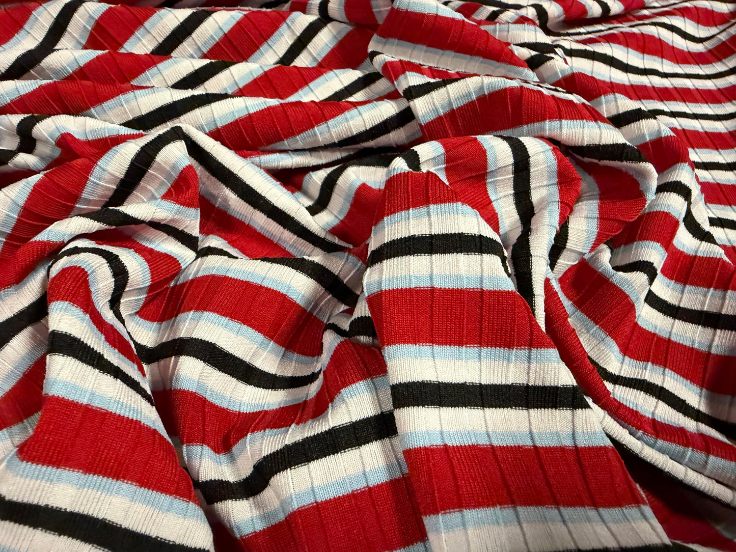 Stretch Spandex rib jersey fabric, per metre - red sky & black