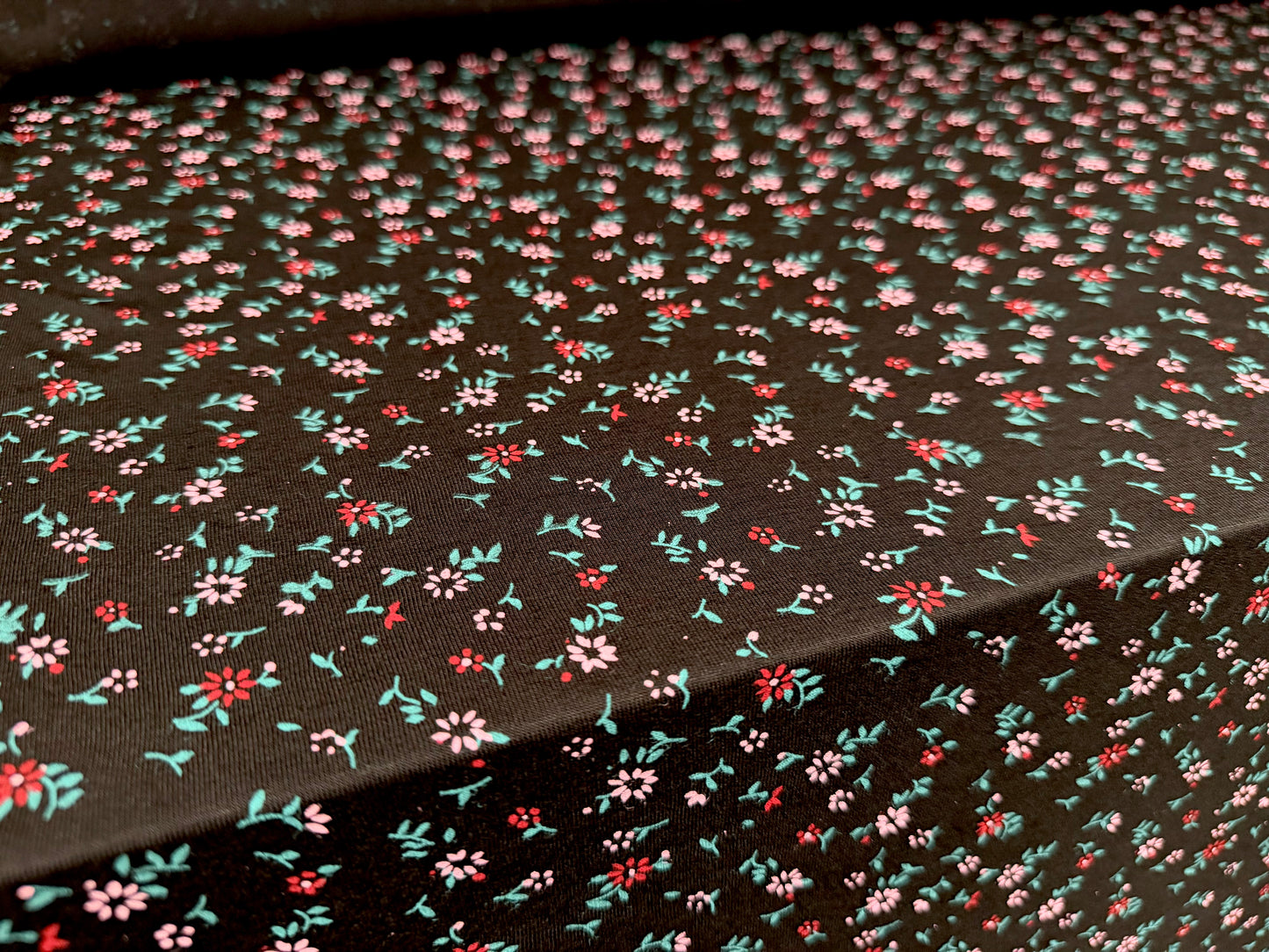 Viscose spandex stretch single jersey fabric, per metre - small ditsy flower print - black & pink