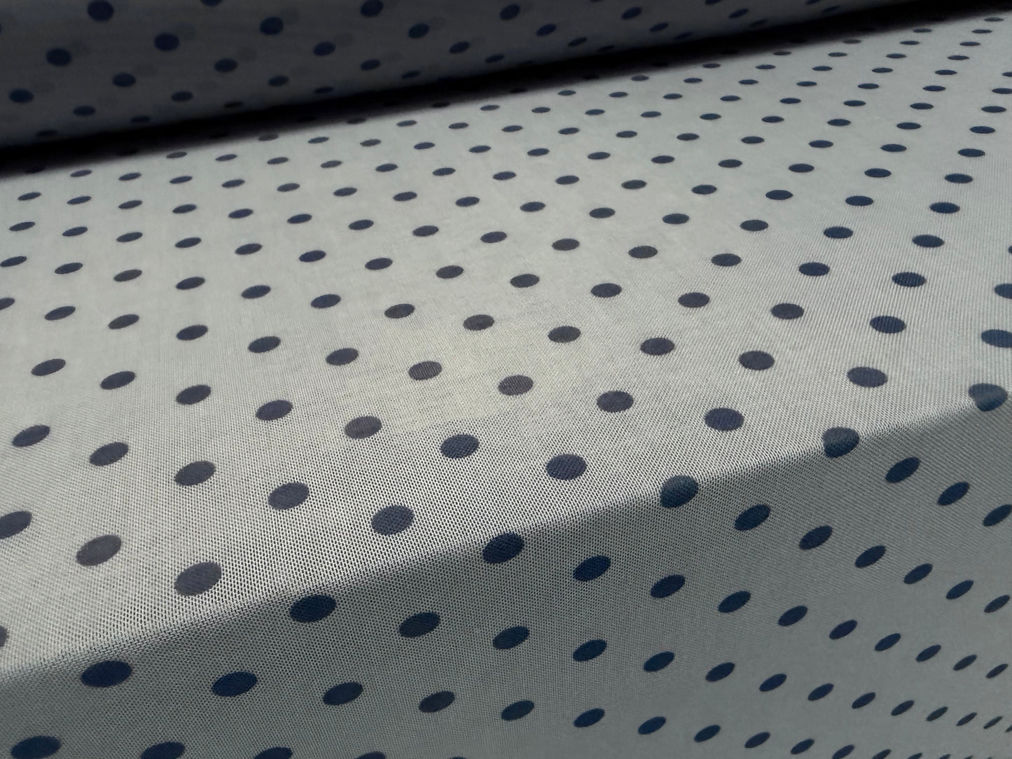 Power mesh net stretch spandex fabric, per metre - polka dot print - blue-grey & indigo