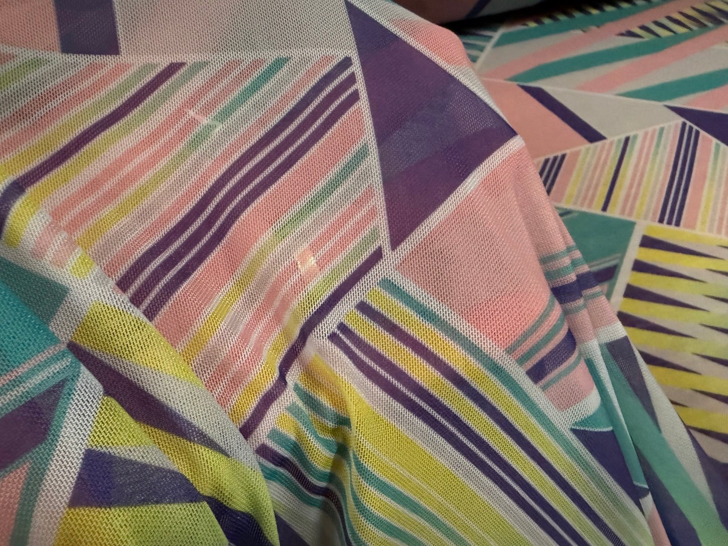 Power mesh net stretch spandex fabric, per metre - geometric print - pink & jade