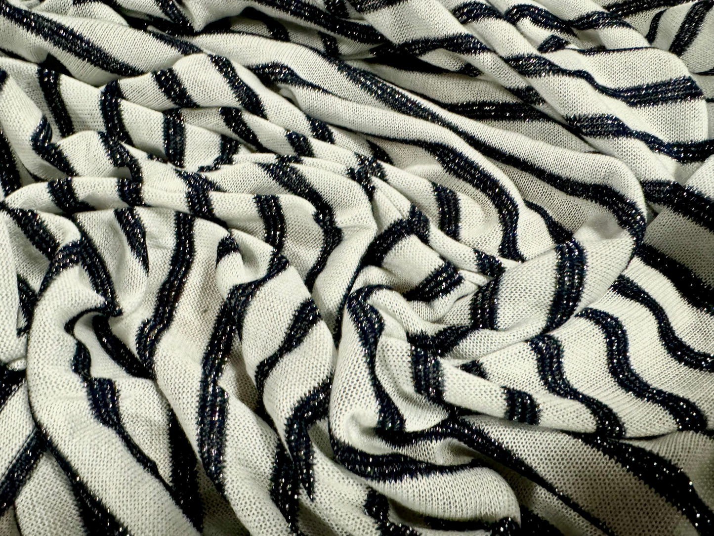 Metallic lightweight knitwear jersey fabric, per metre - stripe - charcoal & white with silver lurex