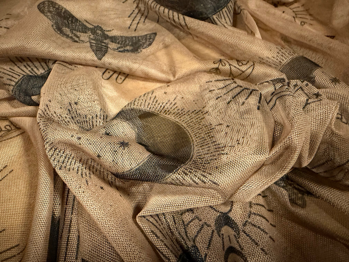 Power mesh net stretch spandex fabric, per metre - New Age Mystic print - light brown