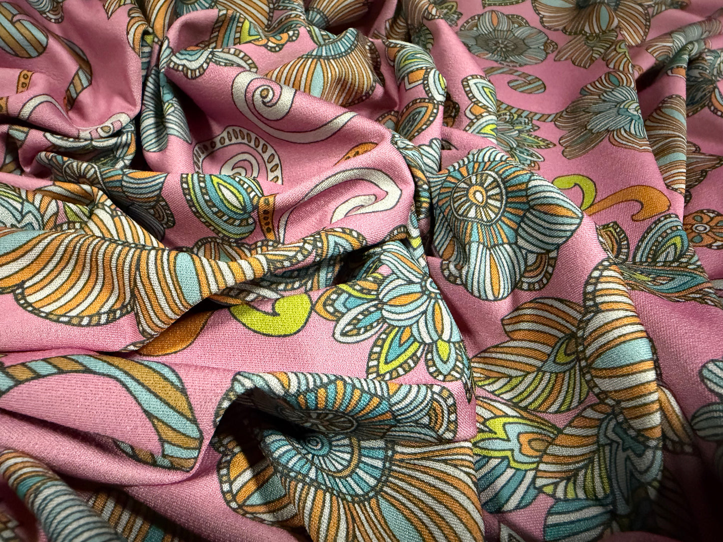 Stretch spandex crepe jersey fabric, per metre - retro floral print - pink & turquoise